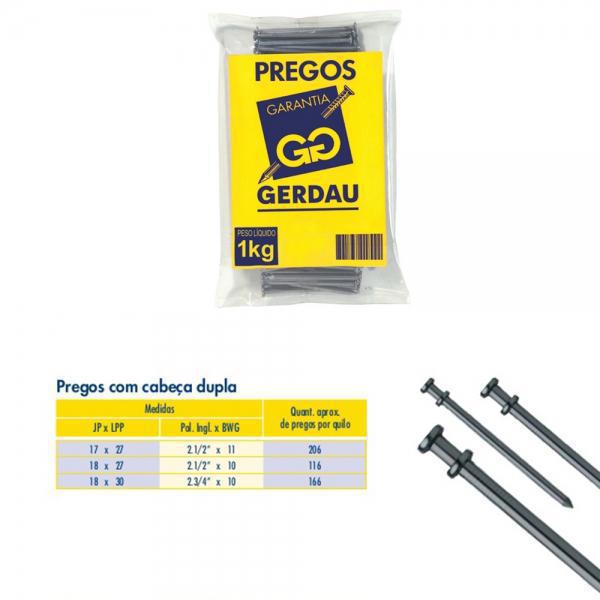 GERDAU PREGO COM CABEÇA DUPLA MEDIDAS (JP X LPP) 17 X 27 (POL X BWG) 2.1/2 X 11 PESO 1KG (206 UNIDADES POR KG)
